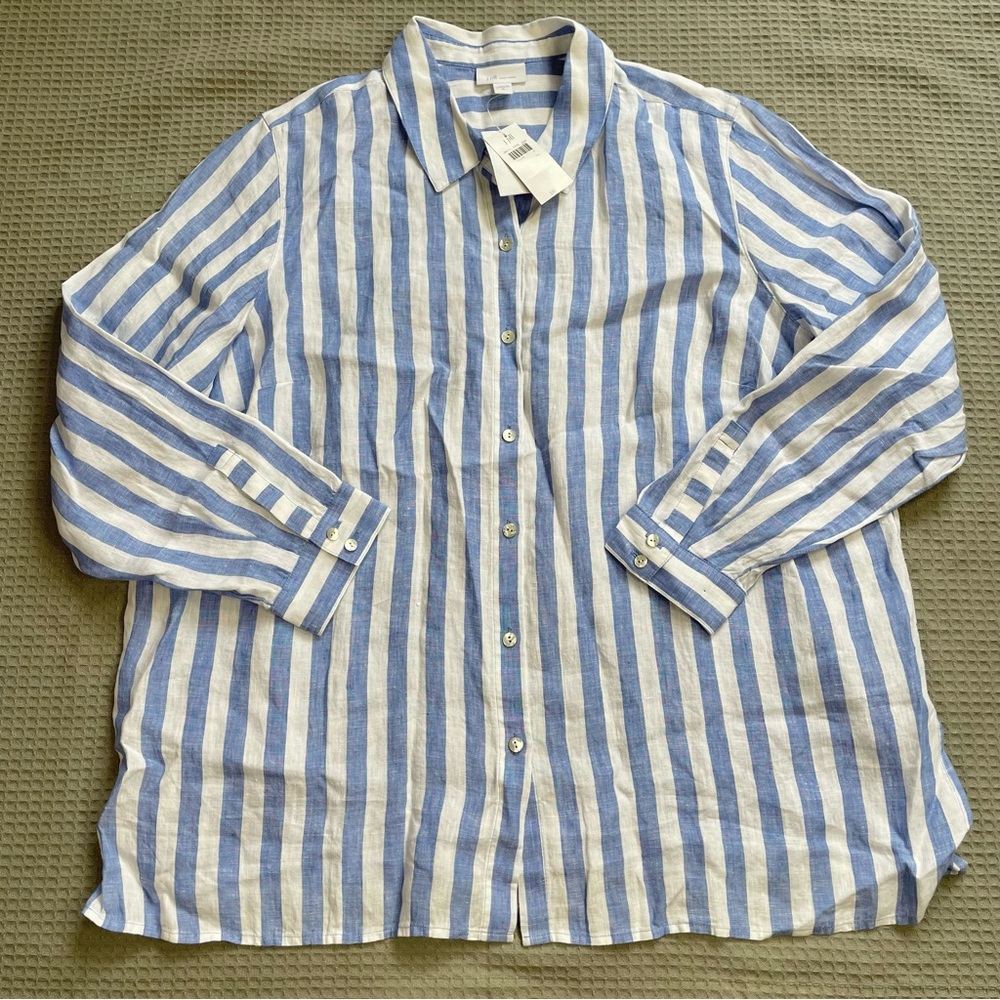 New J.Jill Love Linen Stripe Button Up Shirt Blouse XL Cabana Blue White